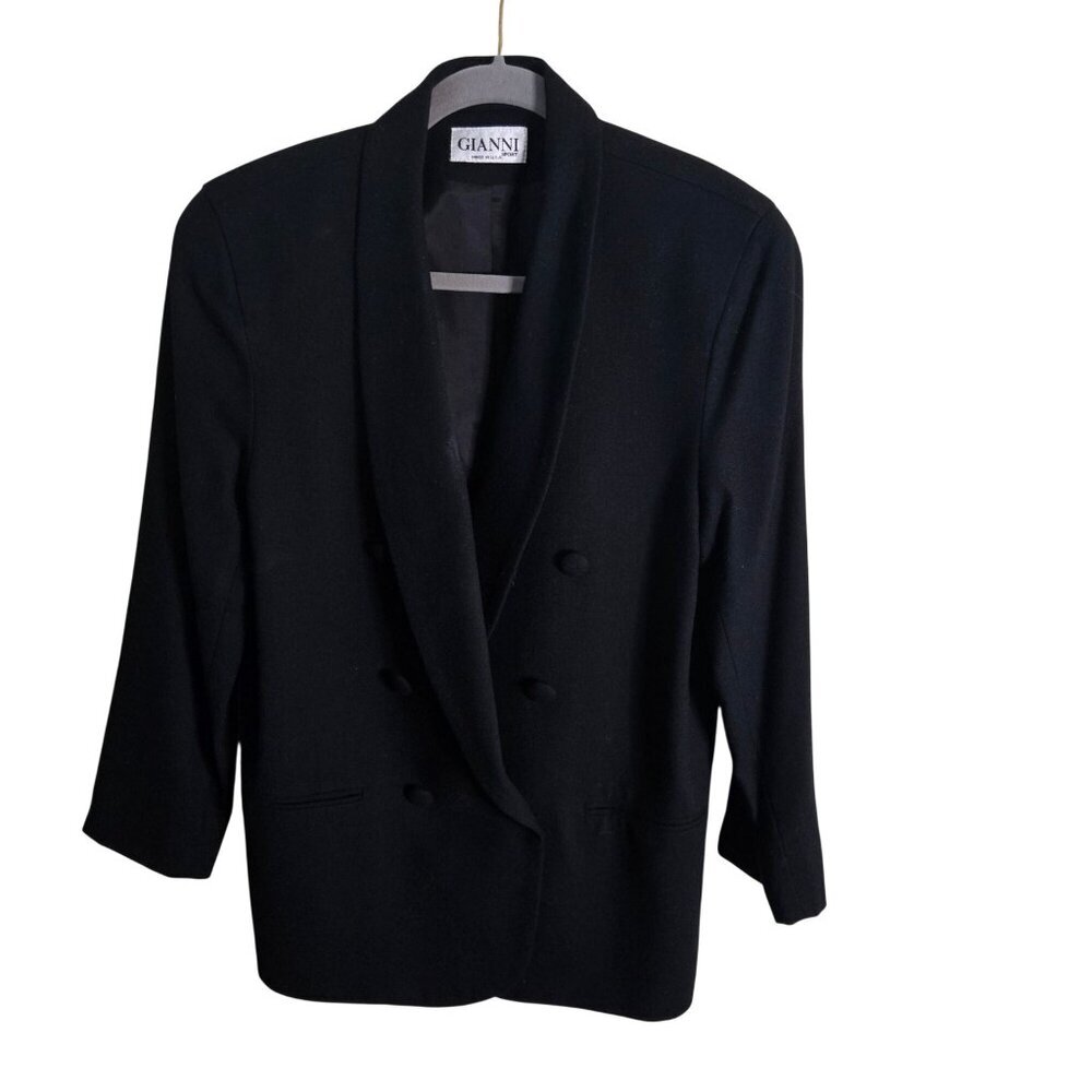 Gianni Vintage 100% Pure Wool Double-breasted Black Blazer Size 8 - Picture 2 of 8